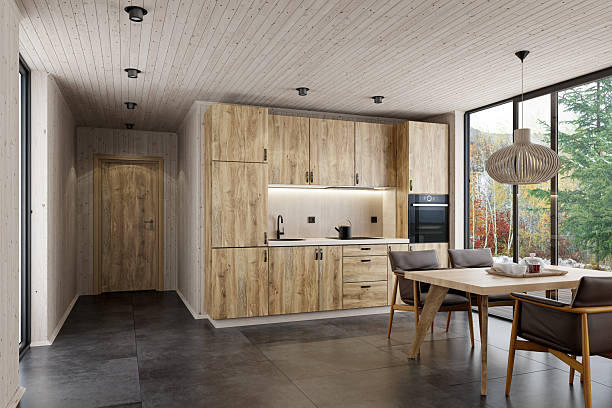 istock Modern Scandinavian Kitchen with Oak Cabinets and Floor-to-Ceiling Window 2215117034