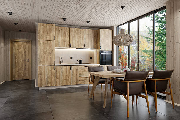 istock Modern Scandinavian Kitchen with Oak Cabinets and Floor-to-Ceiling Window 2215117049