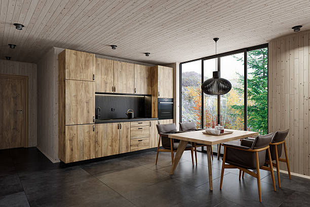 istock Modern Scandinavian Kitchen with Oak Cabinets and Floor-to-Ceiling Window 2215117068