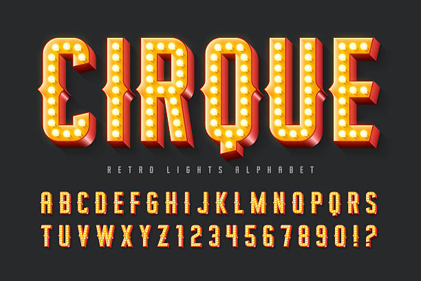Retro circus alphabet design, cabaret, fairy LED lamps letters and numbers. Original design