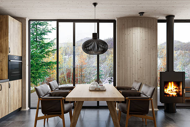 Scandinavian Kitchen Interior with Oak Cabinets and Freestanding Modern Fireplace