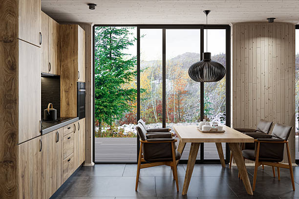 istock Modern Scandinavian Kitchen with Oak Cabinets and Floor-to-Ceiling Window 2215117275