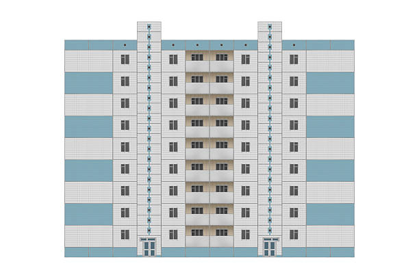 Blue and white nine storey panel building with entrances is isolated.