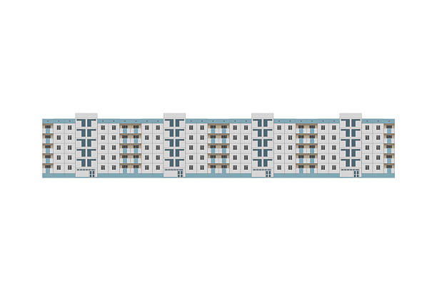 istock Low-rise five-storey panel apartment building with repeating stairwell blocks and balconies. is isolated. modernist modular architecture. 2215120390