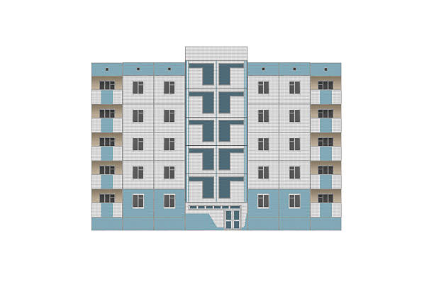 istock Blue and white panel apartment building with balconies is isolated. 2215120391