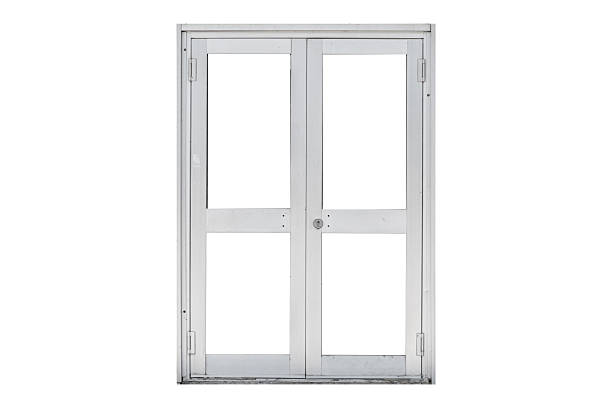 White double metal door frame with glass panels is isolated.