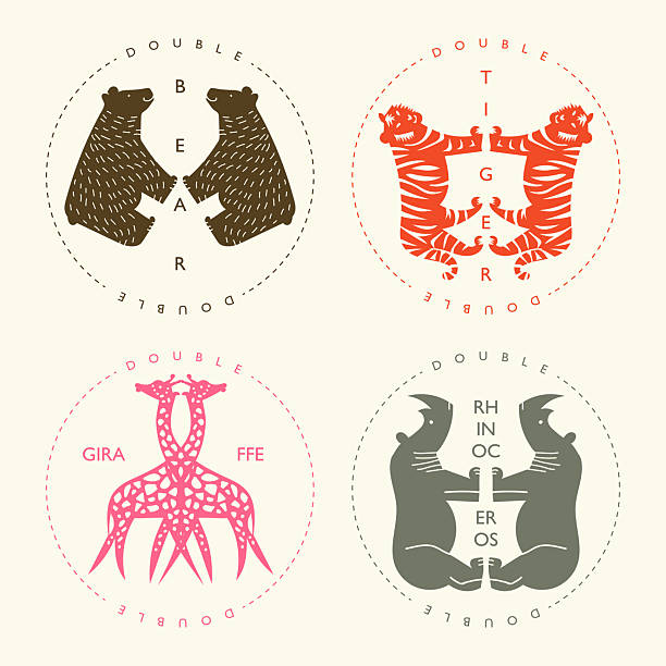 Set of four retro labels with double animal illustrations. Suitable for prints, and stickers. Theme: Wildlife 01
