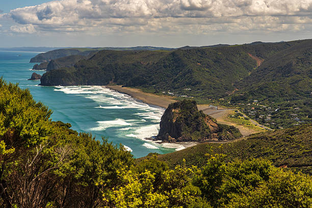 istock Views from the Mercer Track looking over Lion rock on Piha Beach 2215121665