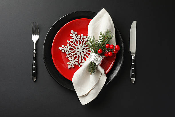 istock Christmas setting with festive decor on dark table, flat lay 2215128066