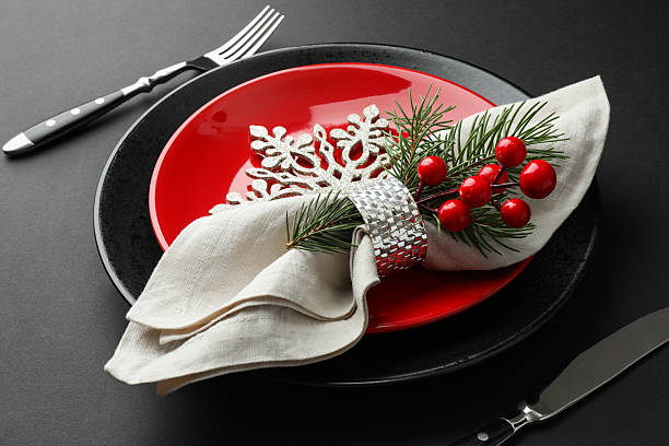 istock Christmas setting with festive decor on dark table, closeup 2215128249