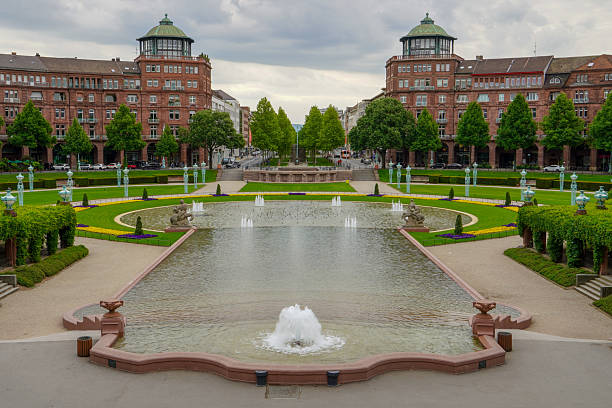 Mannheim, Germany - May 8th 2025: View of the water tower in Mannheim on a cloudy spring day.