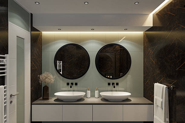 istock Contemporary Bathroom with Black Marble Tiles and Light Green Accent Wall 2215129372