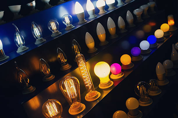Assortment electric lamps on the counter. Sale