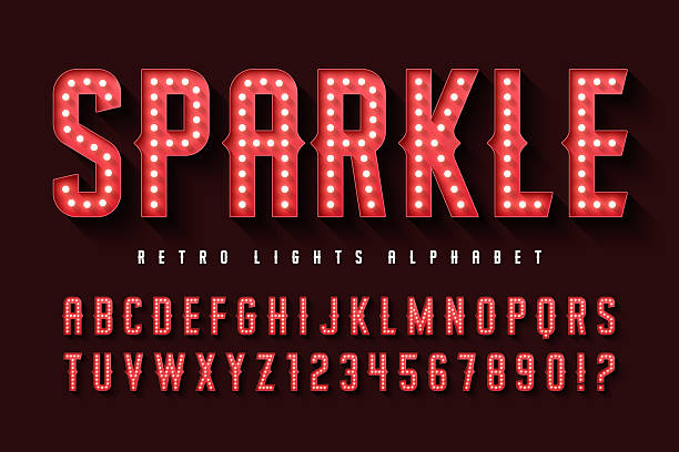 Retro circus alphabet design, cabaret, fairy LED lamps letters and numbers. Original design