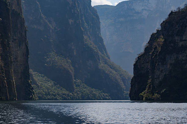 Stunning daytime view of the immense Cañón del Sumidero (Sumidero Canyon) National Park in Chiapas, Mexico. This image captures the sheer, towering cliffs flanking the Grijalva River, highlighting the dramatic natural beauty, geological formations, and grand scale of this iconic wilderness landmark. A popular destination for boat tours and eco-tourism, it's a perfect representation of Mexico's majestic landscapes, pristine nature, and natural wonders. Ideal for travel promotion, environmental themes, adventure concepts, and showcasing Latin American destinations.