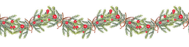 istock Watercolor seamless border with green Christmas tree branch and red berry on white background. Forest and bow for sticker or card. Hand-drawn rim for New Year celebration wrapping or wallpaper 2215142203