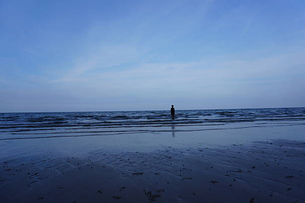 A moody, blue-toned beach scene captured at low tide. The wet sand reflects the soft light of dawn or dusk, evoking solitude, stillness, and coastal calm.