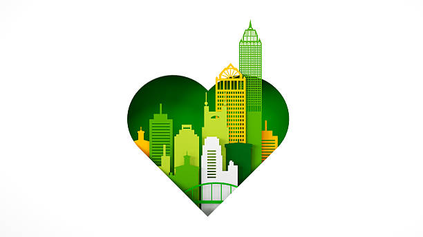 A creative paper cut illustration featuring a vibrant green and yellow cityscape with skyscrapers and buildings nestled within a heart-shaped cutout. This three-dimensional, layered paper craft design is set against a clean white background, emphasizing the modern art style. It symbolizes a love for the city, urban life, and potentially concepts like a green city or sustainable urban development. This decorative art piece is perfect for projects related to city pride, architectural models, or as a unique graphic print.