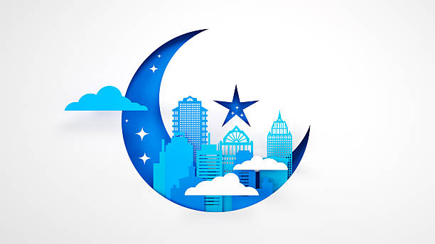 A charming paper cut illustration depicting a miniature city skyline cradled within a large blue crescent moon. This three-dimensional, layered artwork showcases paper skyscrapers, clouds, and stars, all set against a crisp white background, highlighting the modern paper craft technique. It's a beautiful representation of urban life under a tranquil night sky, suitable for Ramadan or Eid greetings, or as a decorative piece symbolizing Islam, dreams, and creative design. The piece conveys a sense of serenity and hope through its artistic style.