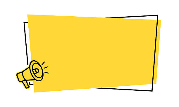 template spanduk pengumuman dengan ikon megafon dengan latar belakang kuning dengan latar belakang bingkai garis modern - pesan-pengumuman ilustrasi stok