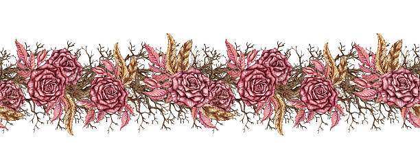 Driftwood roses pattern horizontal thick watercolor Rose maroon, dried flowers, feathers, driftwood watercolor illustrations. Halloween or Day of the Dead botanical decoration. Isolated from background. Gothic design. Pattern horizontal, ribbon, border clip art of a dead rose stock illustrations