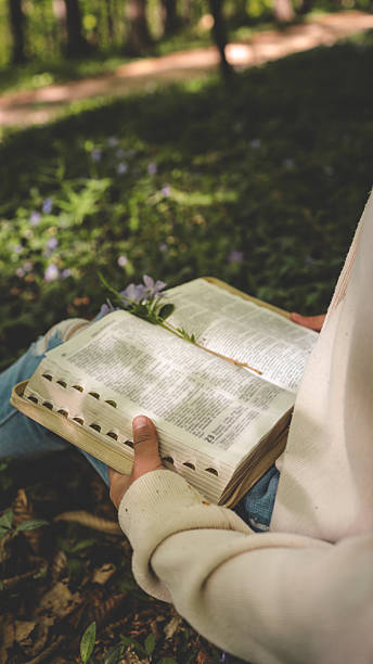 istock Open Bible resting on a person's lap in a spring forest, surrounded by periwinkle flowers and sunlit trees, symbolizing peace, meditation, and spiritual connection with nature 2215161381