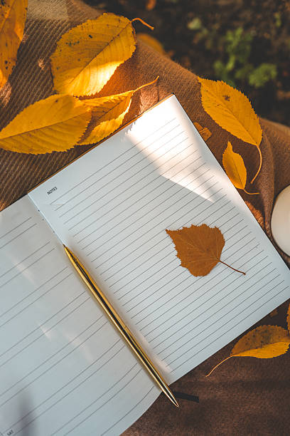 istock Open planner with gold pen and autumn leaf on lined pages, surrounded by colorful fall leaves and warm blanket fabric in natural sunlight 2215162480