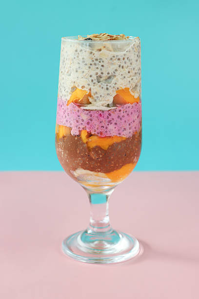Stock photo showcases a healthy breakfast featuring layered chia pudding with chia seeds and cocoa. Topped with fresh dragon fruit, mango, and kiwi, it’s packed with protein and fiber, promoting balanced eating and a nutritious diet