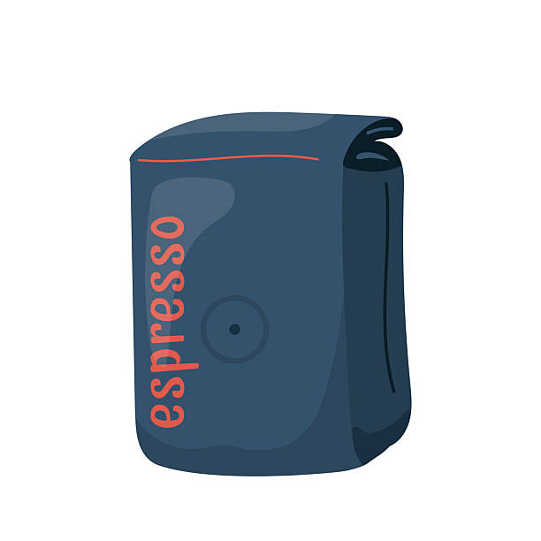 Rectangular espresso coffee pack in flat style. Minimal modern packaging with valve, dark color and bold lettering. Ideal for branding, design, cafe menu. Coffee bean bag. Flat vector illustration Rectangular espresso coffee pack in flat style. Minimal modern packaging with valve, dark color and bold lettering. Ideal for branding, design, cafe menu. Coffee bean bag. Flat vector illustration isolated blank cereal box clip art stock illustrations