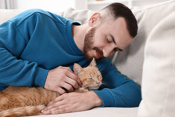 istock Man petting cute ginger cat on sofa at home 2215168337