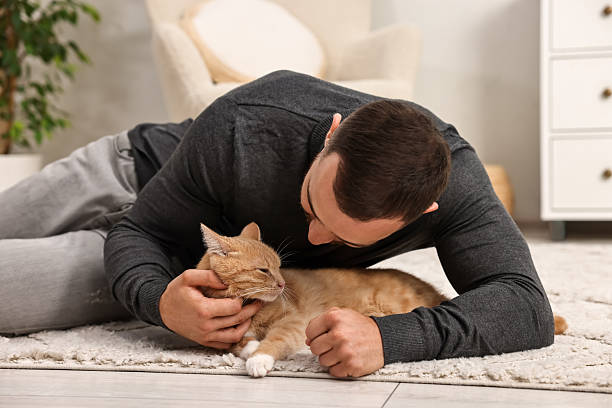 istock Man petting cute ginger cat on floor at home 2215168820
