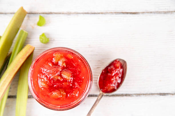 istock Pink and green rhubarb sweet jam 2215173799