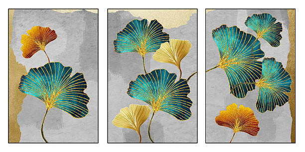 istock 3d golden, turquoise, brown tree leaves on modern silver gray background. wall frame art home decor. 2215174144