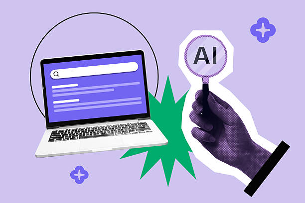 ai powered search engine interface concept, with magnifying glass and laptop showing search screen - zoeken stockfoto's en -beelden