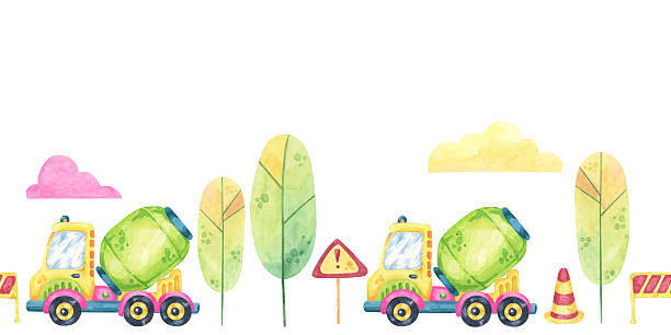istock Green cement mixers, road signs, and pastel clouds. Seamless border construction site, toys watercolor clipart. 2215177783
