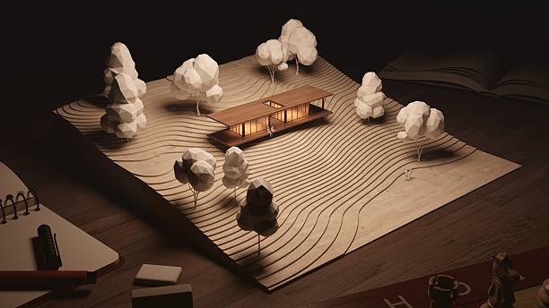 istock A miniature scene featuring a modern house surrounded by stylized trees and a wavy landscape, illuminated with warm lighting, highlighting architectural creativity. 3d rendering. 2215180743