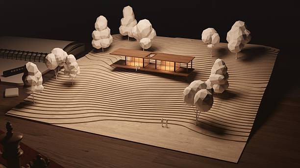 istock A detailed architectural model featuring a modern house surrounded by stylized trees on a textured surface with soft lighting. 2215180750