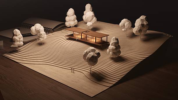 istock A stylized architectural model featuring a wooden building surrounded by paper trees on a textured base, showcasing a creative landscape design. 3d rendering. 2215180771