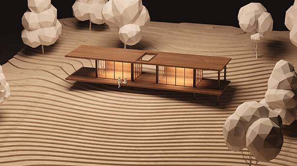 istock A modern wooden house model surrounded by stylized trees, set on a textured landscape, showcasing minimalist architecture and design. 3d rendering mock up house design. 2215180816