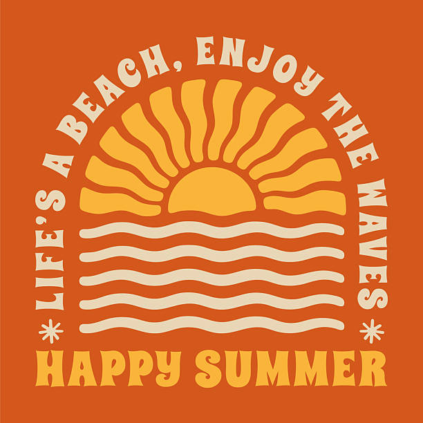 Retro sunset above the sea or ocean with sun and water silhouette. Vector illustration. Design for t-shirt, poster, invitation, advertising, banners, leaflets and flyers. Stock illustration