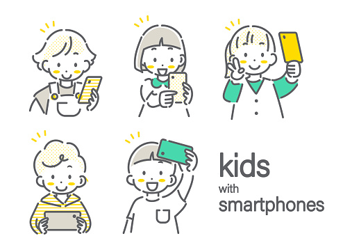 Drawing Kid Using Smartphone Children Having Fun Using Smartphones Simple And Cute Line Drawing ...
