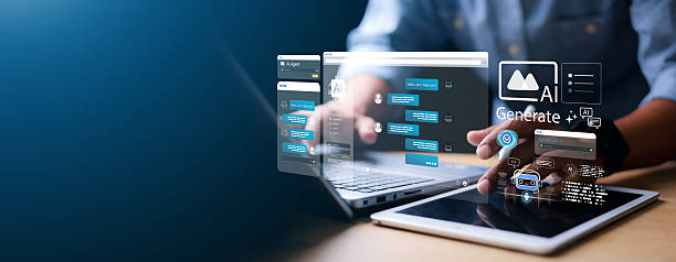 istock Chat with AI or Artificial Intelligence. Young businessman chatting with a smart AI or artificial intelligence using an artificial intelligence chatbot developed by OpenAI. 2215190663