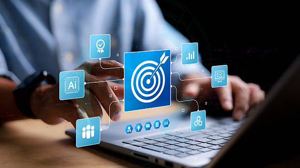 istock White dartboard and White arrow connection linkage with human icon for customer focus target group and customer relation management concept. 2215190687