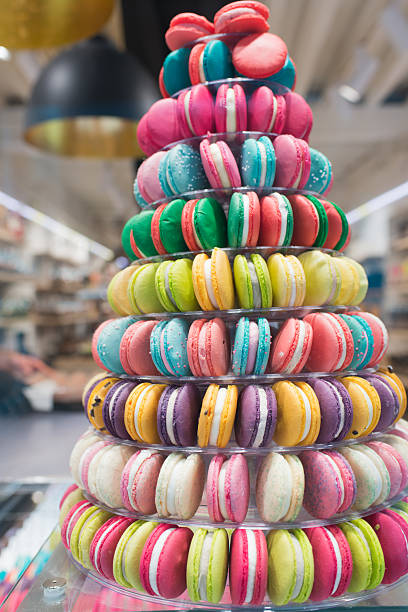 Beautiful macaroon or macaron tower. Colorful background