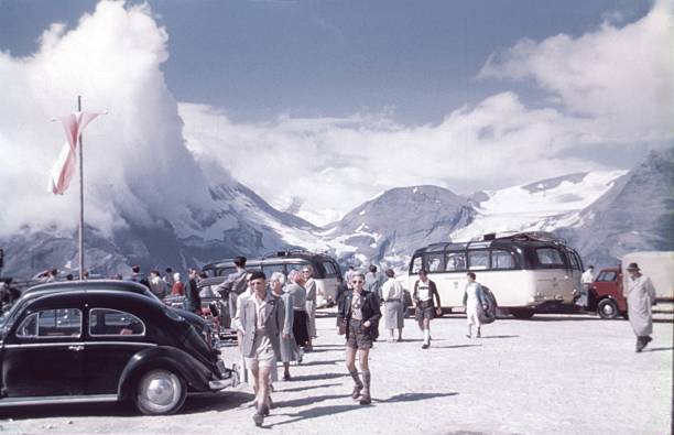 Carinthia, Austria, 1958. Observation platform with visitors and tourists in the Austrian Alps. Also: vehicles.