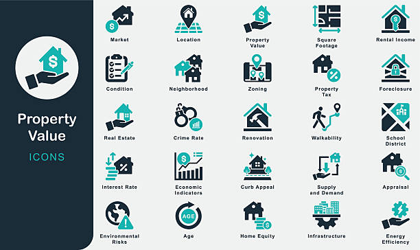 ilustraciones, imágenes clip art, dibujos animados e iconos de stock de colección de iconos sólidos de valor de propiedad. que contiene ubicación, mercado, edad, condición, renovación, mejora, vecindario, bienes raíces, tasación, pies cuadrados, zonificación, casa, impuesto, atractivo exterior, crimen - agente inmobiliario