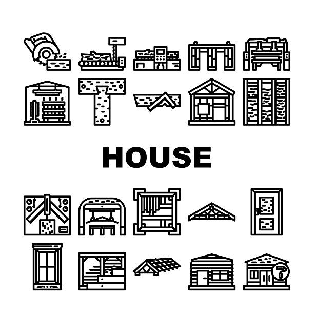 wood frame house construction icons set vector wood frame house construction icons set vector. architecture timber, insulation, durability sustainability aesthetics, craftsmanship wood frame house construction black contour illustrations roof cladding stock illustrations