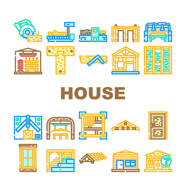 wood frame house construction icons set vector wood frame house construction icons set vector. architecture timber, insulation, durability sustainability aesthetics, craftsmanship wood frame house construction color line illustrations roof cladding stock illustrations