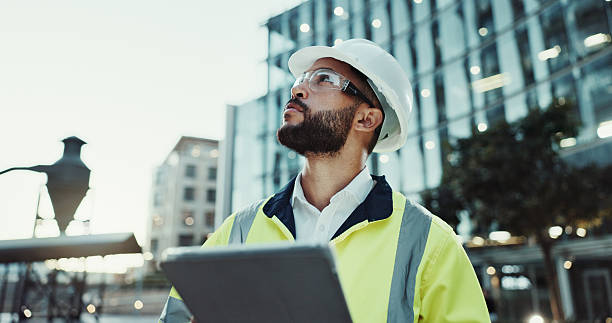 Tablet, engineer thinking and man in city for building, planning and development at dawn. Technology, construction and architect outdoor for maintenance decision, safety inspection or problem solving