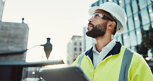istock Tablet, engineer planning and man in city for building, thinking and development at dawn. Technology, construction and architect outdoor for maintenance decision, safety inspection or problem solving 2215212184